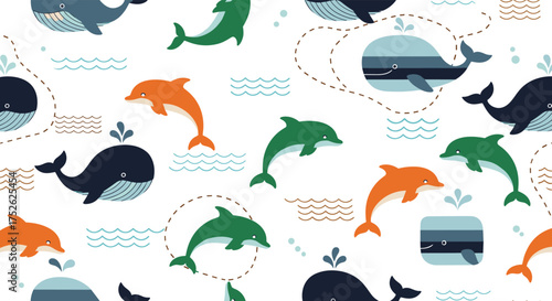 A collection of playful cartoon marine mammals swimming in the ocean.
