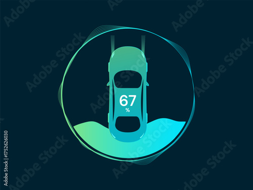 Electric Vehicle battery charging Dashboard Interface with hologram top view car symbols in Circle wavy moving lines vector design concept. Battery charging dashboard for ui, ev car, infographic, web.