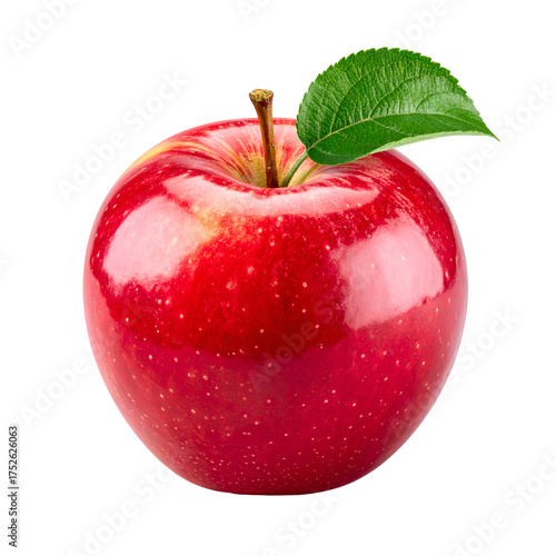 Shiny red  with green leaf isolated on black background.