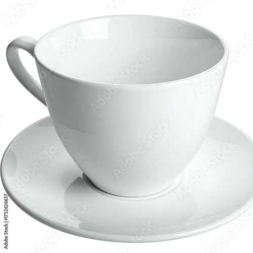 A simple white ceramic cup and saucer rest on a black background.
