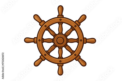 Wooden ship wheel, boat helm vector illustration. Cartoon nautical rudder for steering. Marine navigation symbol. Pirate captain adventure icon. Sailor symbol isolated.