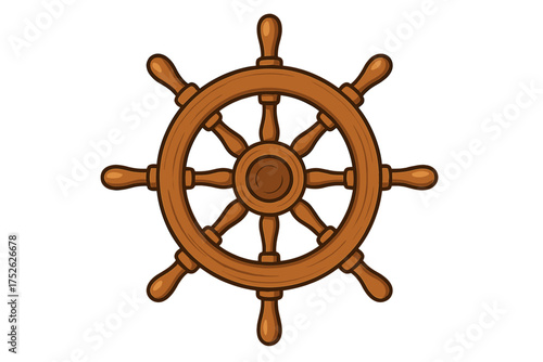 Wooden ship wheel helm icon. Cartoon nautical, maritime steering wheel for boat or pirate ship. Sea travel, ocean adventure, and navigation symbol. Vector illustration isolated.