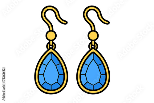 Pair of elegant gold dangle earrings with blue teardrop gemstones. Vector illustration of luxury jewelry accessory. Precious sapphire gem icon for fashion and beauty concepts.