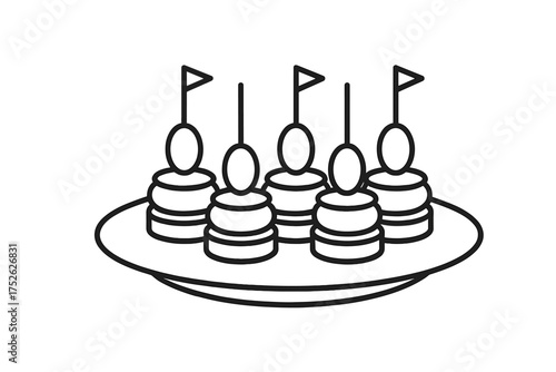 Canape appetizer and hors d'oeuvre platter line icon. Set of finger food for a party. Gourmet snack for an event or catering buffet. Vector outline illustration for a restaurant menu design.