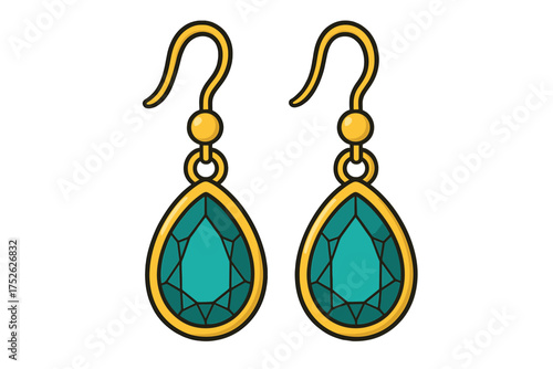 Gold earrings with green gemstone. Vector illustration of luxury jewelry. Precious fashion accessory. Emerald or aquamarine crystal dangle drop pendant isolated on white background.