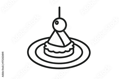 Canapé icon with olive on a toothpick. Vector line art of a gourmet finger food snack on a plate. Hors d'oeuvre for a party, event, buffet, or catering menu illustration.