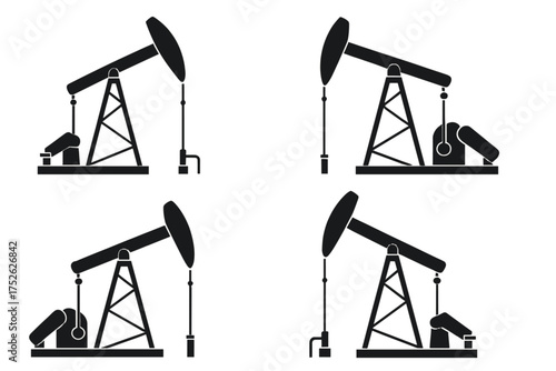 Oil pump jack icon set. Black silhouette petroleum derrick rig. Symbol of oilfield industry, fuel extraction and energy production. Fossil fuel drilling machine vector illustration.