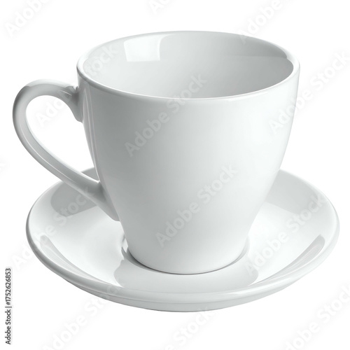 White ceramic teacup and saucer isolated on black background.
