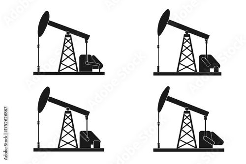 Oil pump jack icon set. Petroleum industry symbol. Fossil fuel, gas and energy extraction concept. Industrial drilling rig silhouette. Vector graphic isolated on white background.