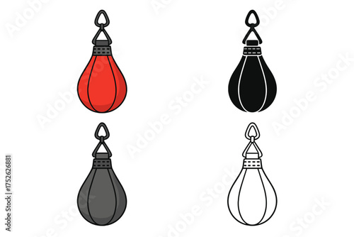 Speed bag and punching bag vector icon set. Boxing sport equipment for training, fitness, and workout. Gym symbol in cartoon, silhouette, and line art style illustration.
