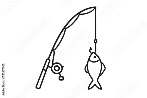 Fishing rod with a fish on the hook, line art icon. Angling, fishing sport, and hobby concept. Fisherman equipment vector illustration. Catch on a hook symbol isolated.