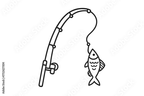 Fishing rod with a fish on the hook. Angling concept icon. Simple line art of catching fish. Outdoor sport, hobby, and leisure activity symbol. Vector illustration isolated.