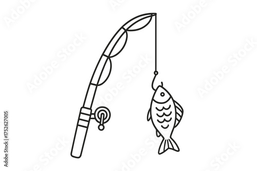 Fishing rod with fish on the hook. Angling sport and hobby concept. Fisherman equipment for catching fish. Outline icon for leisure and recreation. Simple vector illustration.