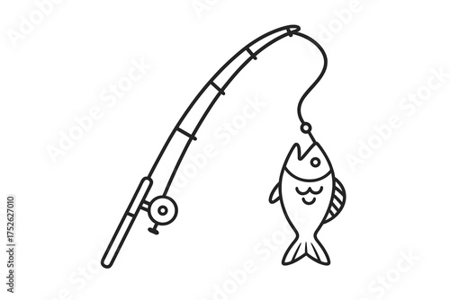 Fishing rod with a fish on the hook icon. Vector outline symbol of catching fish. Angling, fishery, and sport fishing concept. Simple minimalist illustration for recreation.