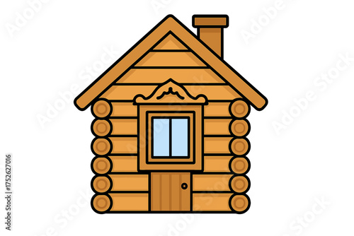 Wooden log cabin icon. Traditional Russian izba in cartoon style. Rustic country house symbol. Village building vector illustration. Real estate, construction concept design.