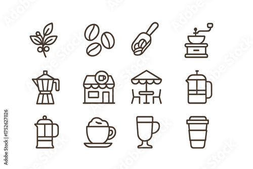 Coffee icons set in thin line style. Pictogram pack of coffee making elements, beans, grinder, pot, french press. Vector symbols for shop, summer cafe, cappuccino, latte.
