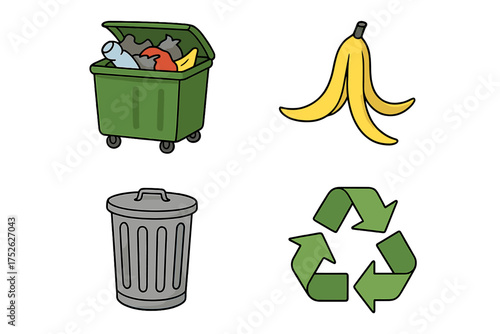 Garbage sorting and recycling icon set. Waste management concept with dumpster, trash can, banana peel, and recycle symbol. Vector illustration for ecology and environment.