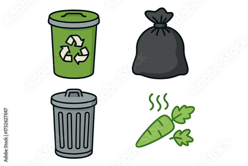Trash can icon set. Garbage sorting and waste management vector symbols. Recycling bin, rubbish bag, litter container, and food compost illustration for ecology concept.