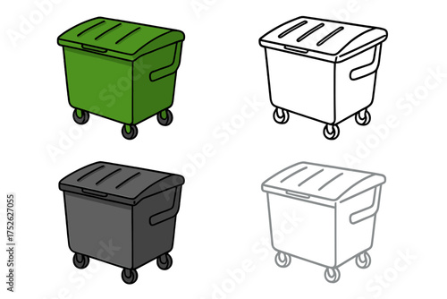 Dumpster icon set for waste management. Garbage, trash, and recycling container collection. Vector illustration of a wheelie bin in cartoon style. Green, black, and outline.