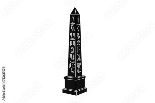 Egyptian obelisk icon with hieroglyphs. Ancient Egypt stone monument vector. Historical landmark of Luxor. Egyptian culture, travel symbol. Black silhouette of a pharaoh pillar.