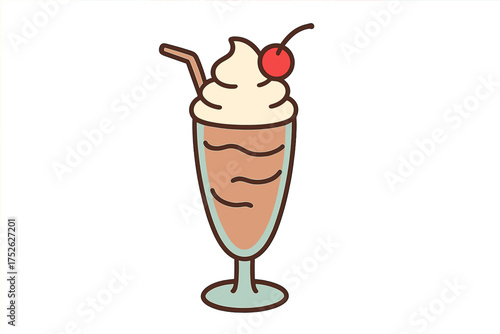 Chocolate milkshake vector icon. Cartoon dessert drink with whipped cream and cherry on top. Retro diner sweet ice cream cocktail illustration for menu. Isolated graphic.