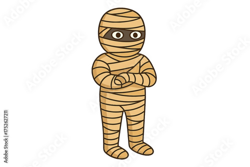 Mummy character cartoon vector illustration. Ancient Egypt monster for Halloween. Spooky undead creature wrapped in bandages. Historical Egyptian mythology symbol. Cute horror mascot.
