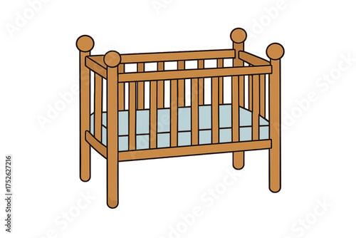 Wooden baby crib icon in cartoon style. Nursery furniture for newborn. Cot or bassinet for infant sleep. Vector illustration isolated on white background. Baby shower symbol.