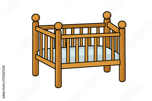 Wooden baby crib vector illustration. Cartoon cot for newborn baby sleep. Nursery furniture icon isolated. Childhood, infant bed, cradle concept. Simple flat design graphic.