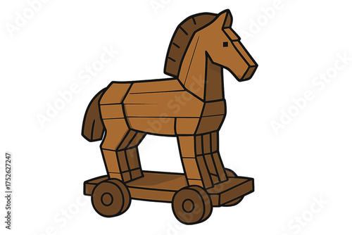 Trojan horse computer virus metaphor. Malware security threat concept. Wooden horse on wheels. Hacker attack symbol. Cybersecurity crime vector illustration in cartoon style.
