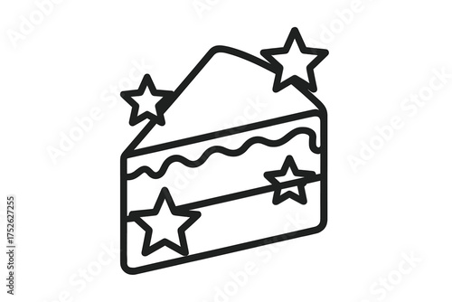 Slice of cake icon. Piece of birthday pie with stars. Sweet dessert, pastry, bakery concept. Line art for celebration, party, or holiday. Simple vector illustration.