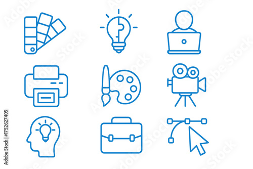 Creative agency and graphic design icon pack. Blue line vector symbols for brainstorming, portfolio, video production, freelance work, printing, color palette and art editing.