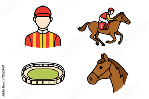 Horse racing icon set. Cartoon vector illustration of jockey, racehorse, hippodrome stadium, and horse head. Equestrian sport, gambling, and betting symbols for design.