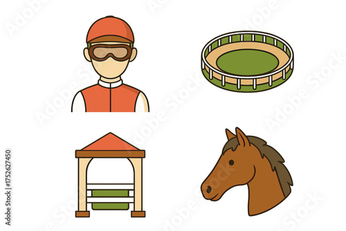 Horse racing icon set. Cartoon vector symbols of jockey, hippodrome, and horse head. Equestrian sport, competition, race, and betting concepts. Isolated graphic elements.