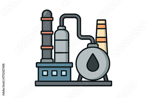 Oil refinery plant icon. Industrial factory building for processing petroleum, gas. Energy production concept. Chemical manufacturing complex with tank and chimney vector illustration.