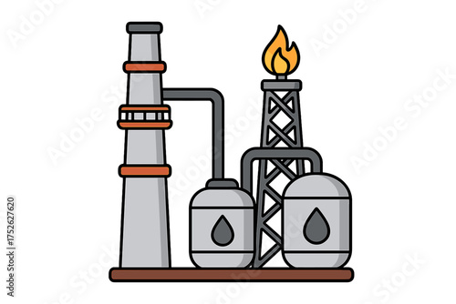 Oil gas industry refinery plant vector icon. Petroleum energy power production concept. Factory with pipeline, smokestack, tank. Fuel extraction processing graphic illustration.