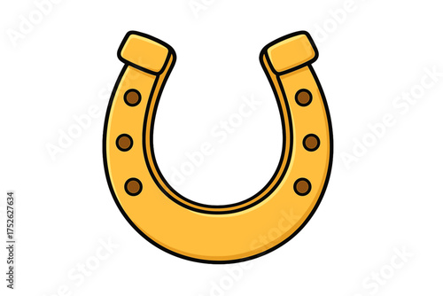Golden horseshoe icon in cartoon style. Lucky horse shoe symbol. Good luck charm. Equestrian, western, and Saint Patrick's Day concept. Metal talisman vector illustration.