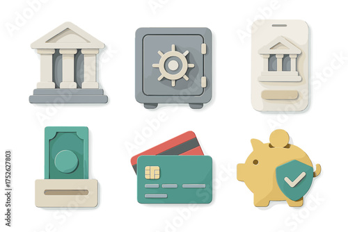 Banking and finance 3D icon set. Web concept paper cut pictograms: bank, safe deposit box, online payment, cash advance, credit card, money savings protection. Vector.