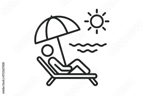 Beach sunbathing relaxation icon. Person on a deck chair under umbrella. Concept summer vacation, seaside holiday, tropical travel. Editable stroke thin line vector illustration.