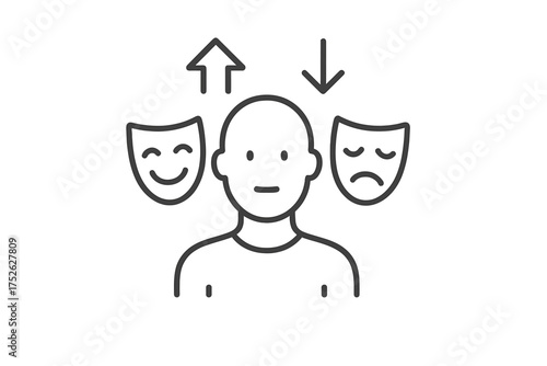 Bipolar disorder icon. Mood swings. Emotional shifts. Mental health condition. Happy sad mask. Psychology symbol. Mania depression states. Dual personality. Split mind concept vector.