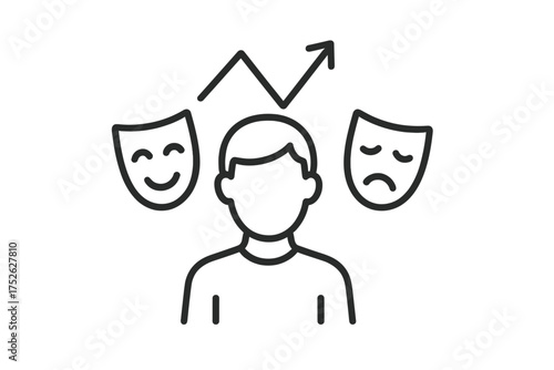 Bipolar disorder mental health concept. Vector line icon of mood swings, emotional shifts with happy and sad face masks. Dual personality, psychology, and mind illustration.