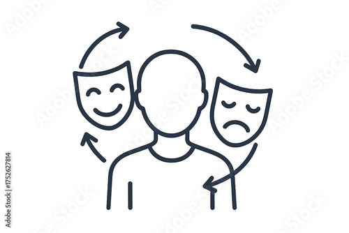 Bipolar disorder metaphor. Mood swing, mental health concept. Dual personality with two masks, happy sad face. Psychology icon, emotional shifts, mania and depression line art.