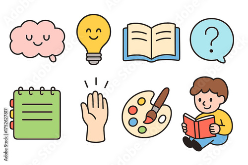 Creative learning & education sticker set. Cute cartoon icons for brainstorming, reading, art. Idea generation, inspiration, knowledge & creative thinking vector illustrations.