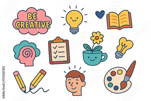 Creative sticker set for brainstorming, idea generation. Flat cartoon vector bundle with art, reading, and inspiration icons for education, mindset, and creative process concepts.