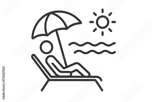 Beach sunbathing icon thin line vector. Person on a lounge chair under umbrella for summer vacation. Seaside relaxation, tanning on holiday. Tropical travel symbol.