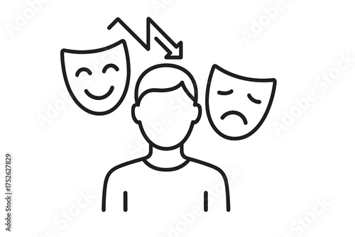 Bipolar disorder icon. Mental health concept. Mood swing, emotional shift metaphor. Person with two masks, happy and sad face. Psychology, split personality symbol line vector.