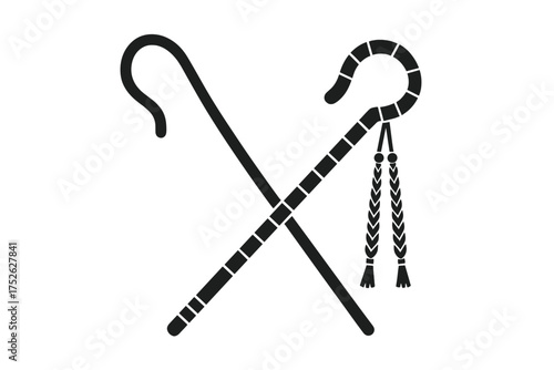 Ancient Egyptian shepherd's crook and flail icon, traditional pharaoh symbol, black silhouette vector illustration isolated on white background, Egypt history emblem
