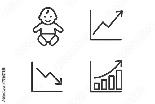 Birth rate trends analysis with cute baby icon and dynamic line graphs showing upward and downward population growth and demographic changes vector illustration.