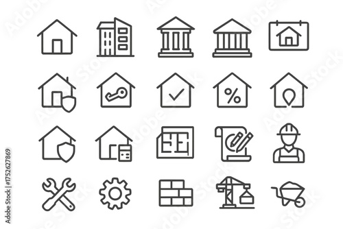 Real estate and construction thin line icons set. Property engineering, building, buy, mortgage, and rent services outline vector icons. Home, blueprint, worker, crane symbol.