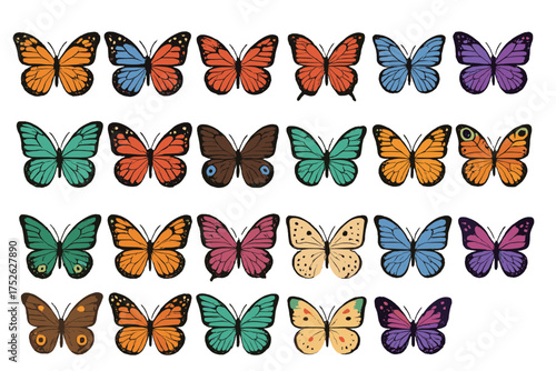 Butterfly mega set in flat design. Bundle of colorful tropical flying butterflies with abstract patterns on wings. Vector illustration collection of insects for decoration. Nature.
