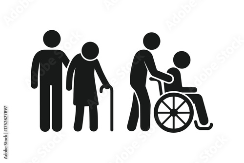 Caretaker and senior with disability icon. Therapy, caregiver for elder patient. Assistance in nursing home. Man in wheelchair. Old woman with cane. Medical support symbol.